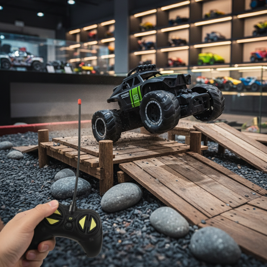 Toy monster truck on a wooden ramp with a hand holding a remote control in a toy store setting.