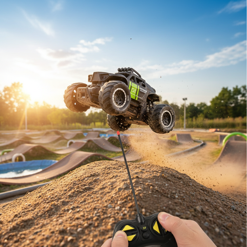 Remote-controlled toy truck performing a jump in an outdoor setting with a control held by a person.