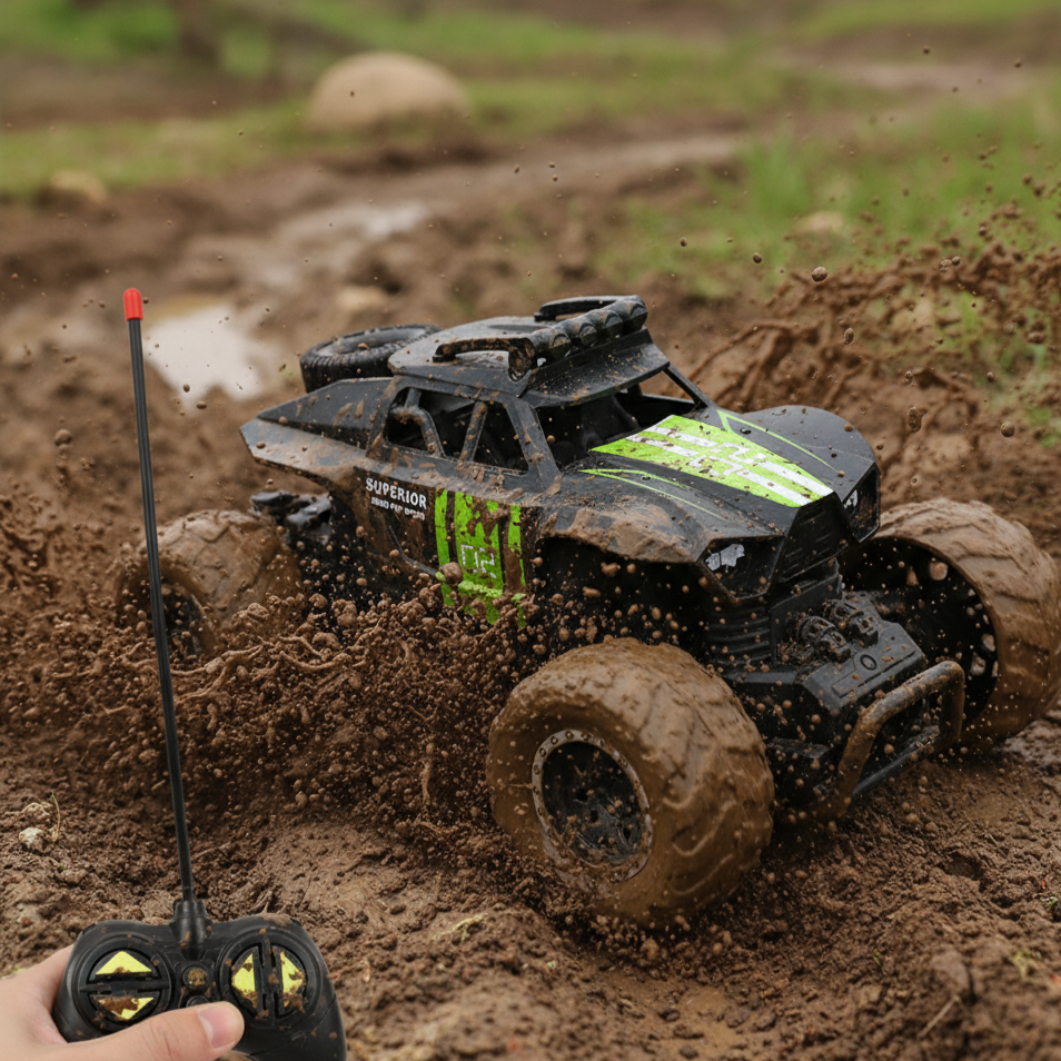 Remote control toy truck in mud with a hand holding the remote