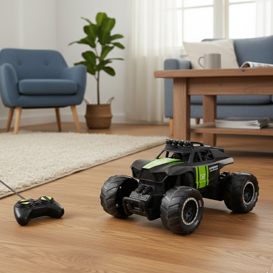 Toy monster truck with remote control on a wooden floor in a living room setting.
